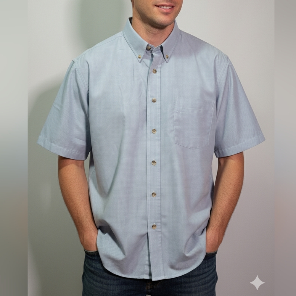 Platoon Men's NWOT Light Blue Short Sleeve Checkered Button Down Shirt Sz Small